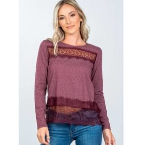 Boho Burgundy Lace-Panel And Hem Top - M